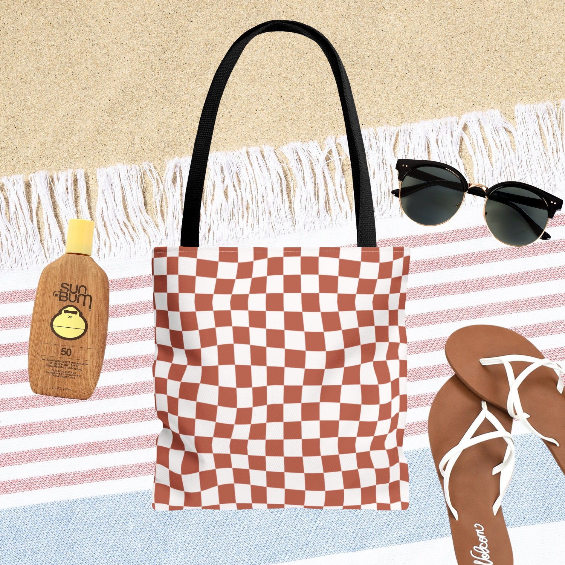 Beach Checkered Tote Bag - Nautical Tote - Beach Vacation Bag - Ocean Aesthetic - Wavey Checkered - Double Sided Beach Tote Bag
