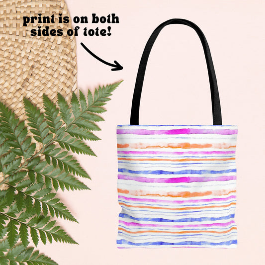 Pink Watercolor Stripes Beach Tote - Tropical Tote Bag - Ocean Bag - Beach Bag - Summer Aesthetic - Double Sided Beach Tote Bag