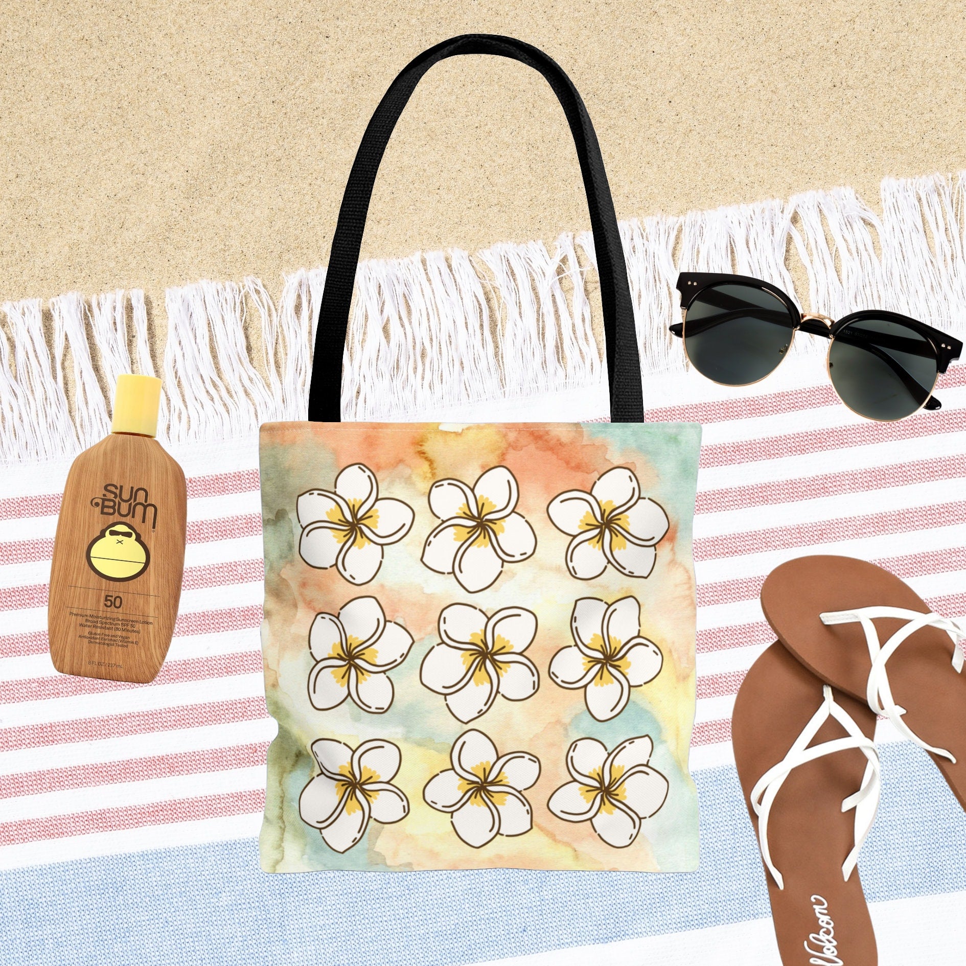 Watercolor Plumeria Hawaiian Beach Tote Bag - Summer Tropical Tote - Beach Vacation Bag - Double Sided Beach Tote Bag