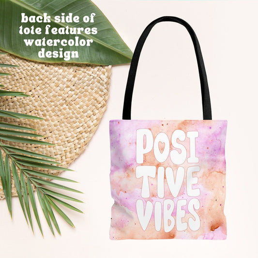 Positives Vibes Beach Bag - Beach Quote Tote - Market Bag - Canvas Tote Bag - Watercolor Marble Beach Tote - Double Sided Beach Tote Bag