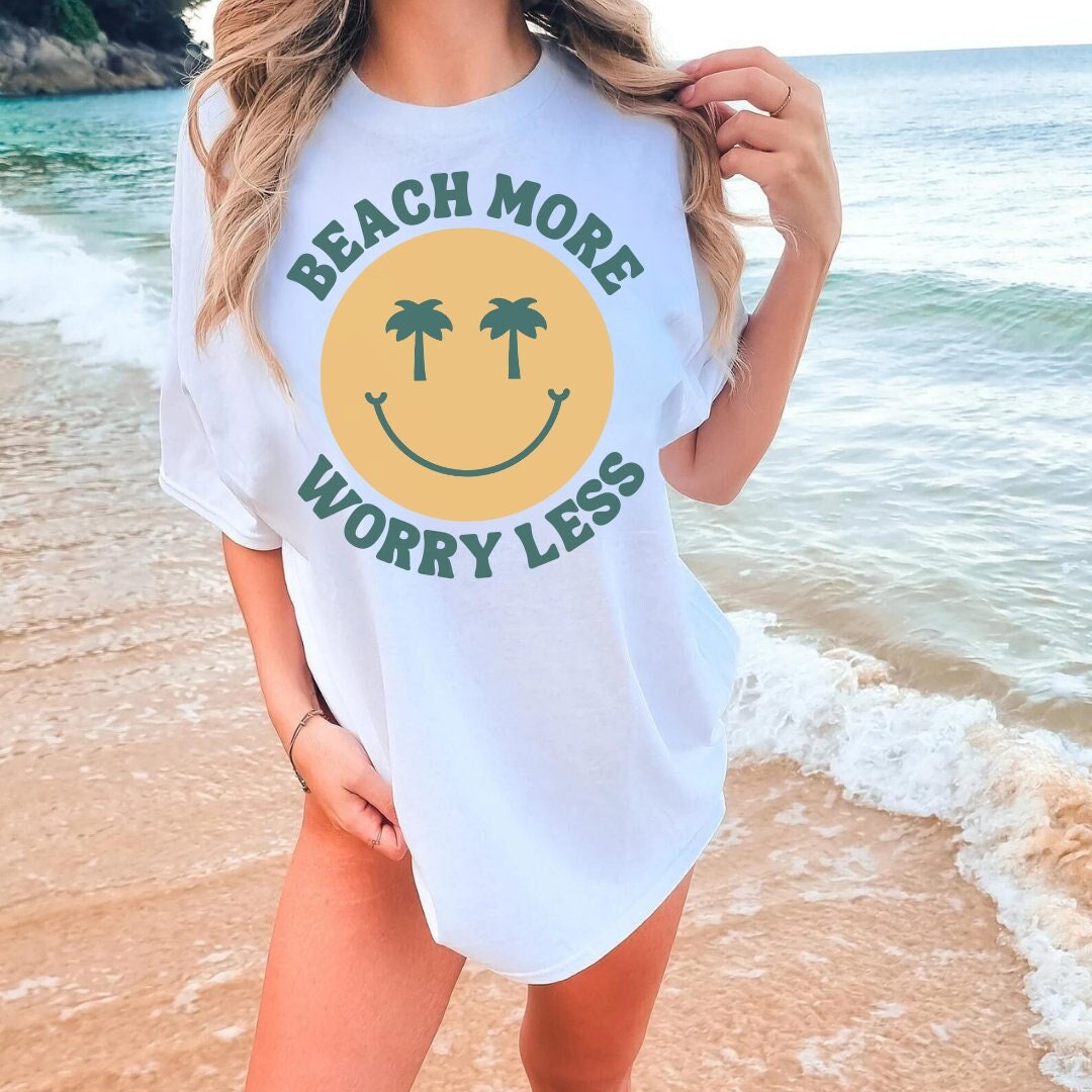 Beach Smiley Tee - Beach More Worry Less - Palm Tree Smiley - Happy Face Oversized Tee - Happy Shirt - White Bella Canvas Women's Unisex Tee