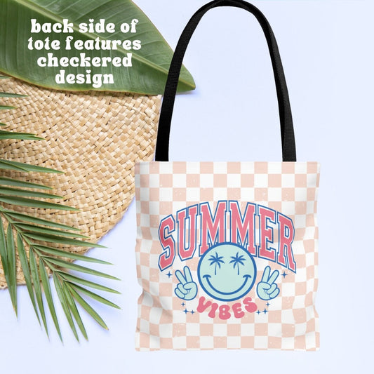 Summer Vibes Checkered Smiley Beach Tote - Summer Vacation Beach Bag - Canvas Tote - Beach Tote Bag - Double Sided Beach Tote Bag