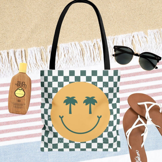 Checkered Beach Smiley Face Tote Bag - Beach Happy Face - Smiley Tote - Happy Face Bag - Beach Bag - Double Sided Beach Tote Bag