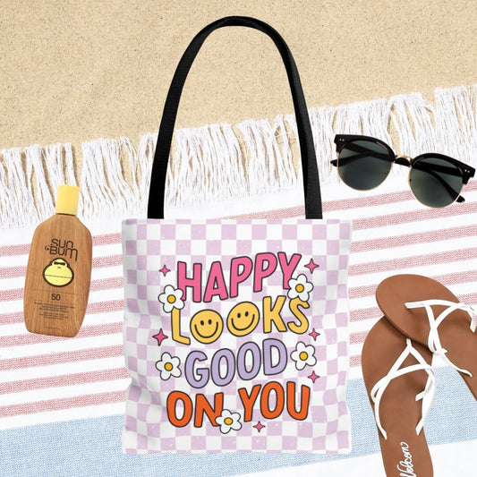 Smiley Beach Tote - Summer Vacation Beach Bag - Beach Tote Bag - Happy Looks Good on You - Canvas Tote - Colorful Beach Tote Bag