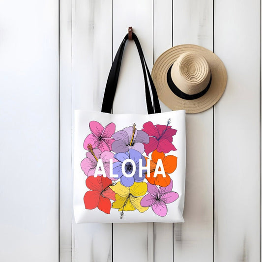 Hawaiian Flower Print Tote Bag - Beach Aloha Tote - Hawaiian Floral Print - Tropical Beach Bag - Double Sided Beach Tote Bag