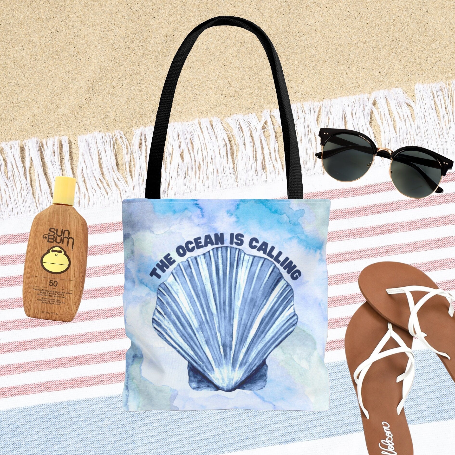 Watercolor Beach Bag The Ocean is Calling Seashells Print Bag Ocean Tote Beachcomber Bag Double Sided Beach Tote Bag