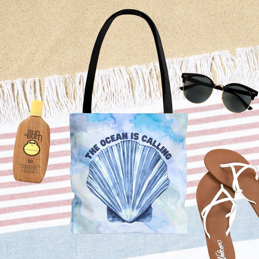 Watercolor Beach Bag - The Ocean is Calling - Seashells Print Bag - Ocean Tote - Beachcomber Bag - Double Sided Beach Tote Bag