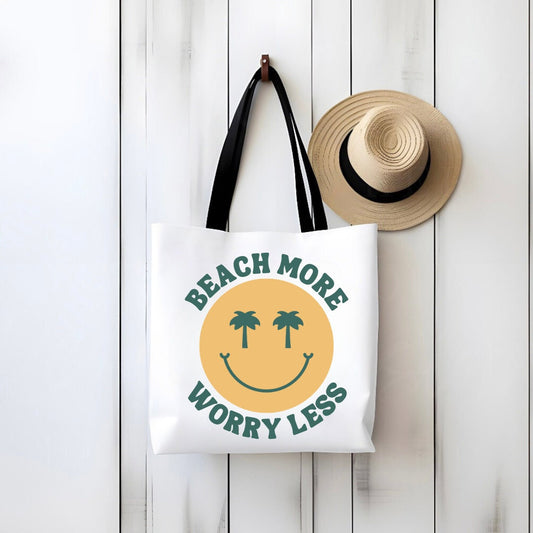 Beach Smiley Tote Bag - Beach More Worry Less - Palm Tree Smiley - Happy Face Oversized Tote - Double Sided Beach Tote Bag