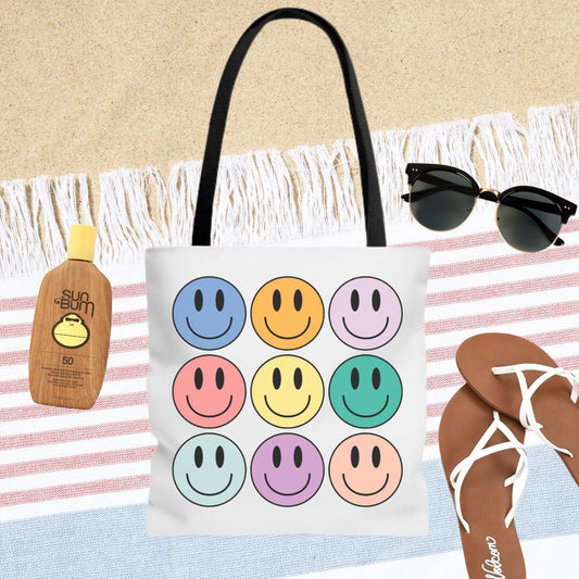 Colorful Smiley Face Tote - Neon Smiley Bag - Happy Face Summer Tote Bag - Smiley Bag - Trendy Graphic Tote - Double Sided Beach Tote Bag