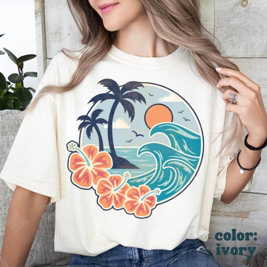 Tropical Waves Beach Tee - Summer Aesthetic - Hawaiian Beach Tee - Oversized Beach Girls Tee - Comfort Colors Unisex Tee