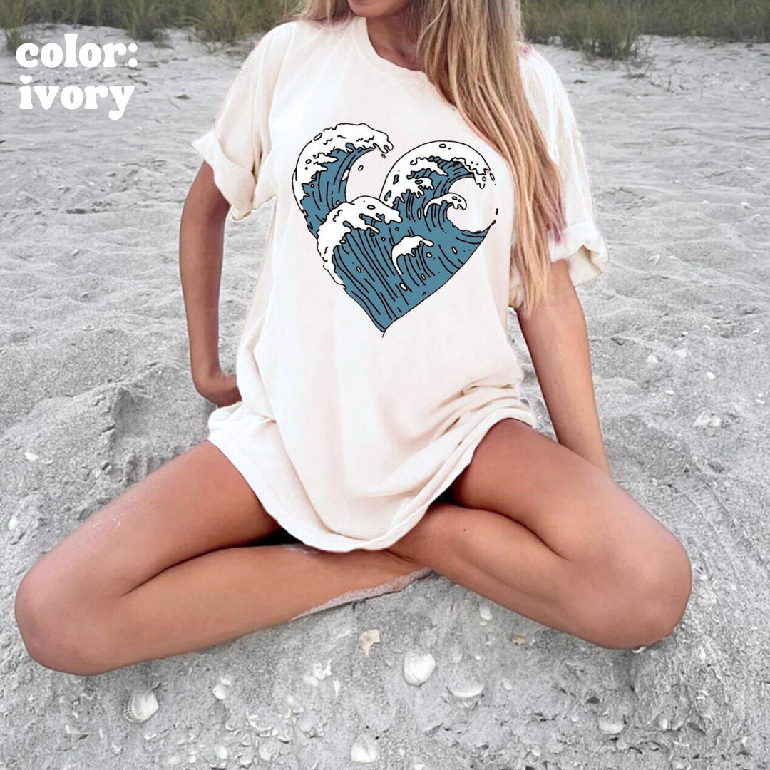 Ocean Wave Heart Tee - Beach Lover Tee - Women's Oversized Beach Tee - Comfort Colors Unisex Tee - Beach Girl Aesthetic