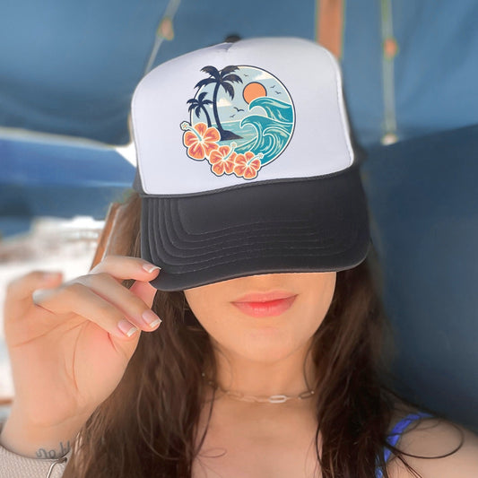 Tropical Waves Beach Hat - Summer Aesthetic - Hawaiian Beach Trucker Cap - Ocean Vibes Hat - Beach Baseball Cap - Ocean Trucker Hat
