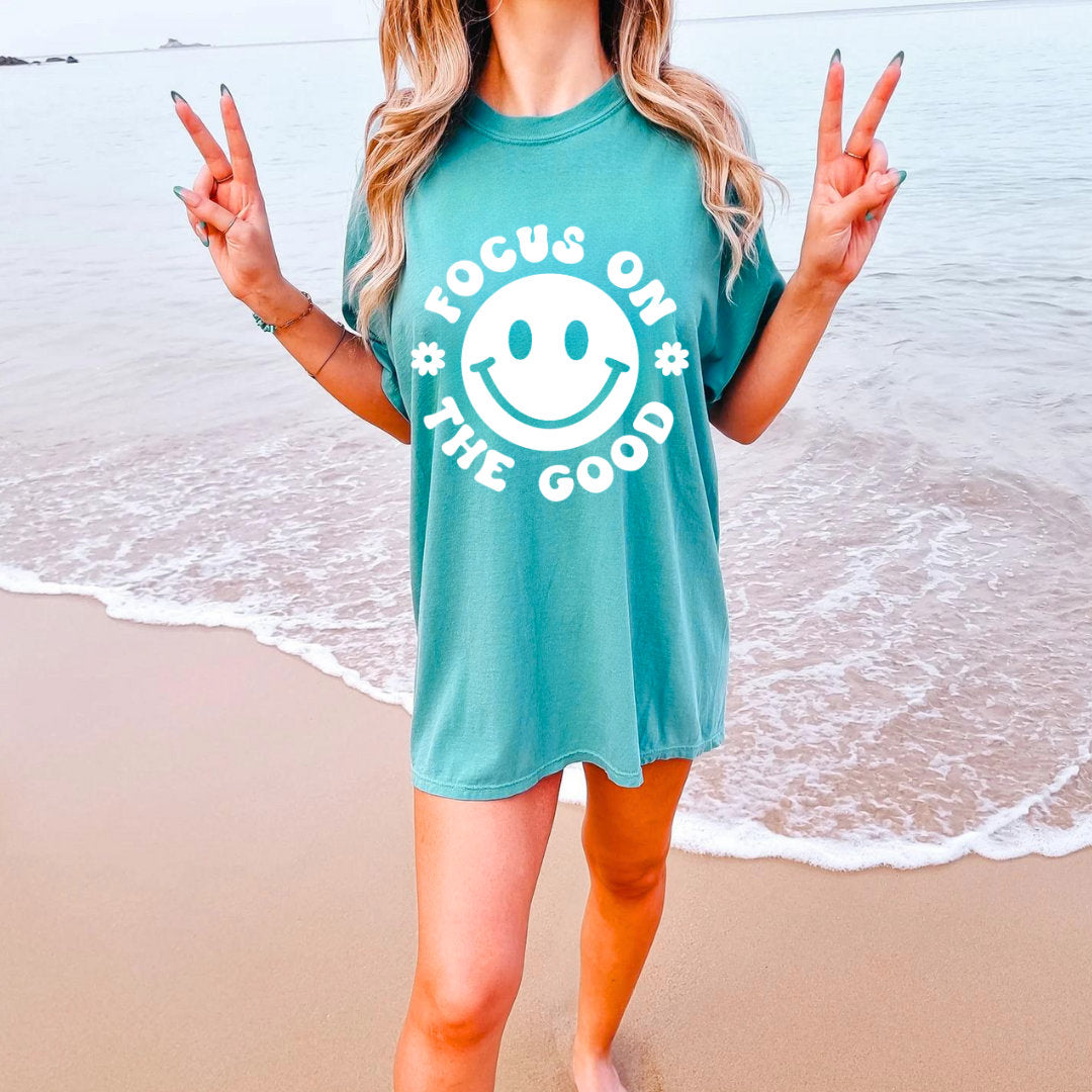 Focus on the Good Smiley Tee - Happy Face Oversized Tee - Happy Women’s Shirt - Bella + Canvas Unisex Tee