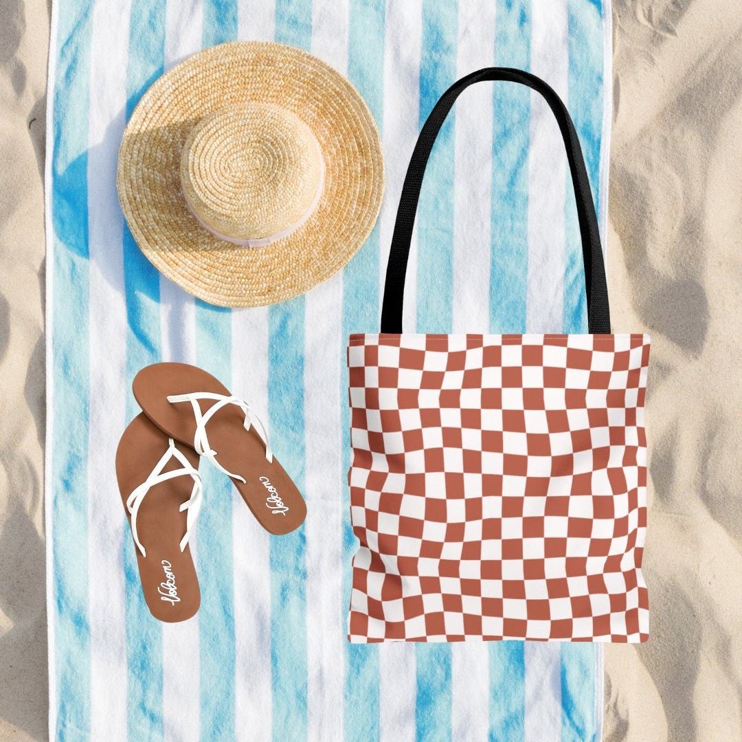 Beach Checkered Tote Bag - Nautical Tote - Beach Vacation Bag - Ocean Aesthetic - Wavey Checkered - Double Sided Beach Tote Bag