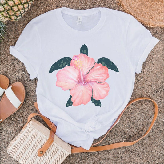 Turtle Ocean Hibiscus Flower TShirt - Beach Tee - Hawaiian Sea Turtle Tee - Ocean Summer Shirt - Oversized Bella Canvas Unisex Tee