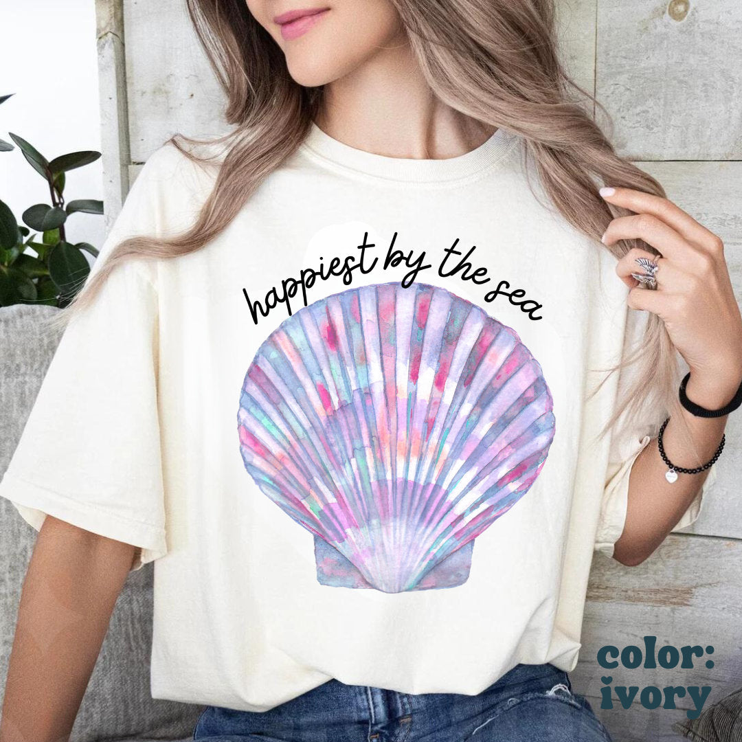 Beach Seashell Tshirt - Happiest By The Sea - Ocean Aesthetic Tee - Mermaid Shells Shirt - Comfort Colors Beach Tee - Women's Unisex Tee
