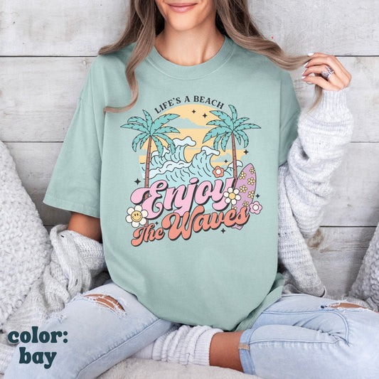 Life's a Beach Shirt - Retro Hippie Beach Tshirt - Vintage Beach Tee - Boho Vacation Shirt - Enjoy the Waves Comfort Colors Unisex Tee
