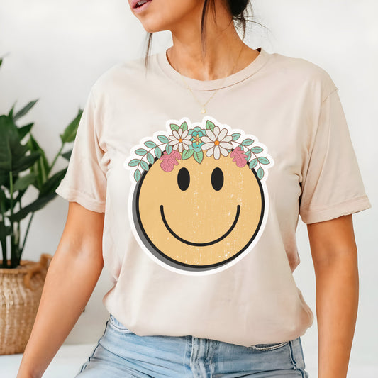 Boho Flower Smiley Tee - Trendy Oversized Tee - Happy Face Tee - Boho Hippie Style - Summer Aesthetic - Bella Canvas Unisex Tee