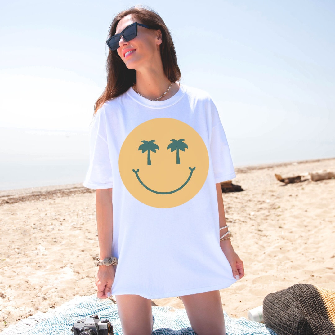 Beach Smiley Tee - Palm Tree Smiley - Happy Face Oversized Tee - Happy Shirt - Summer Vacation Beach - White Bella Canvas Women's Unisex Tee