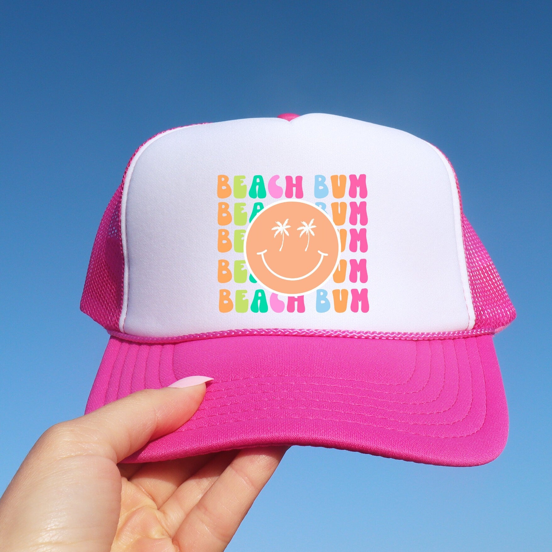 Beach Bum Neon Smiley Trucker Cap - Pink Beach Hat - Summer Trucker Hat - Neon Pink Summer Hat - Smiley Hat