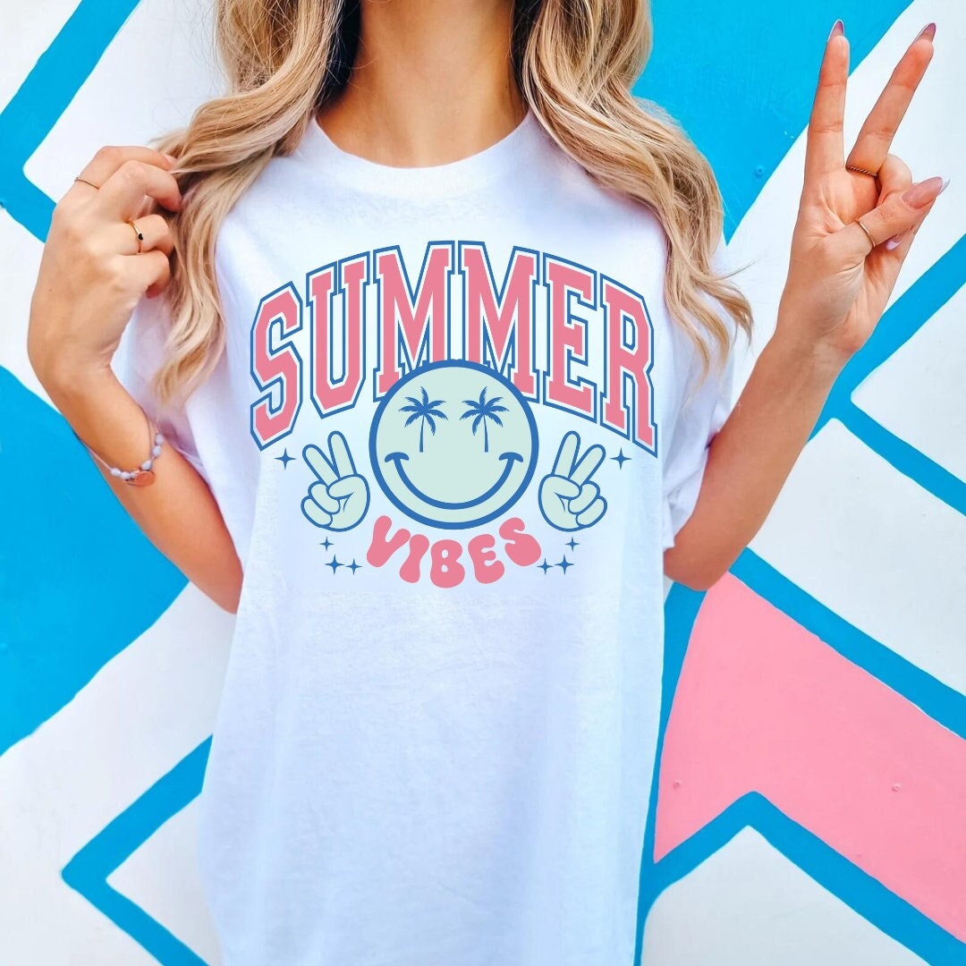 Summer Vibes Smiley Beach Tee - Summer Beach Vibes Shirt - Happy Face Beach Tee - Trendy Smiley Tee - White Bella Canvas Women's Unisex Tee