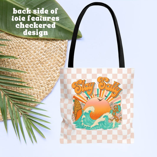 Stay Salty Retro Graphic Beach Checkered Bag - Double Sided Beach Tote Bag