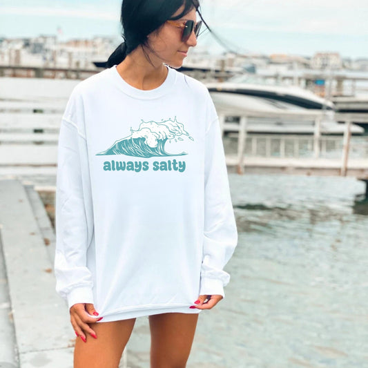 Salty Beach Crewneck Sweatshirt - Always Salty Ocean Waves Graphic Crewneck - Summer Ocean Aesthetic Gildan Crewneck Sweatshirt