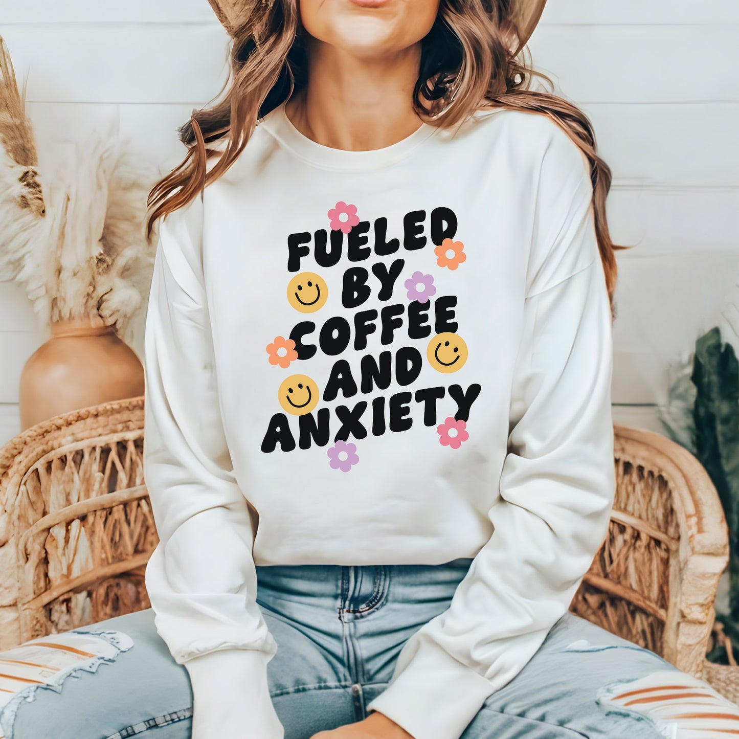 Coffee & Anxiety Sweatshirt - Coffee Quote Crewneck - Coffee Lover Clothing - Coffee Mental Trendy Aesthetic Gildan Crewneck Sweatshirt