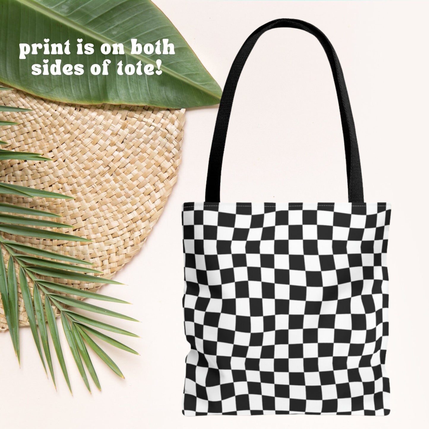 Black Beach Checkered Tote Bag - Nautical Tote - Beach Vacation Bag - Ocean Aesthetic - Wavey Checkered - Double Sided Beach Tote Bag