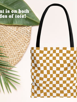 Mustard Checkered Tote Bag - Retro Tote - Beach Vacation Bag - Ocean Aesthetic - Wavy Checkered - Double Sided Beach Tote Bag