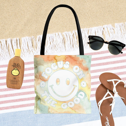 Smiley Tote Bag - Happy Face Beach Bag - Focus on the Good - Double Sided Beach Tote Bag