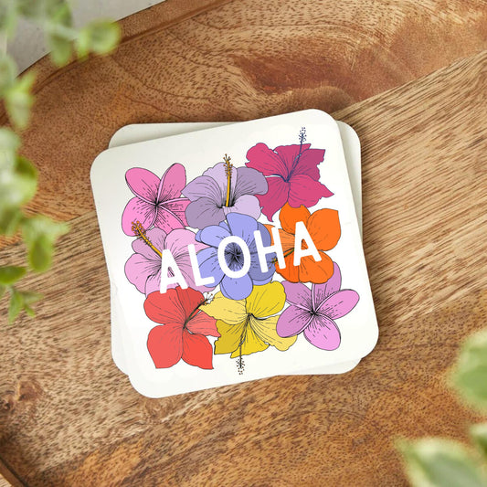 Aloha Hawaiian Floral Coasters Set of 4 - Coastal Home Decor - Ocean Housewarming Gift - Beach House Coasters - Custom Coasters