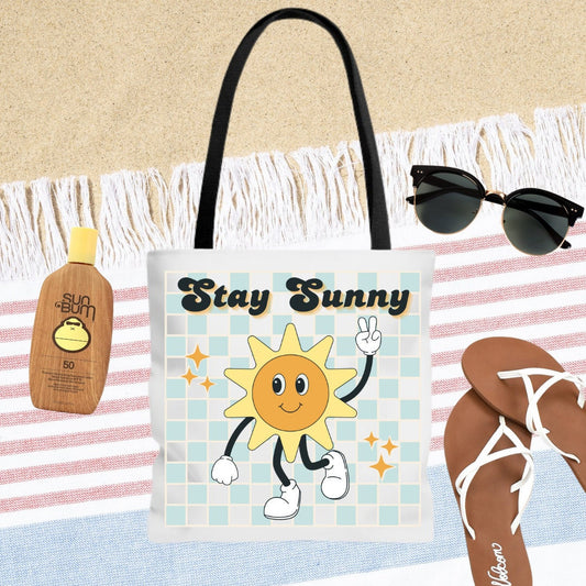 Stay Sunny Beach Tote - Happy Face Sun Beach Bag - Retro Character Bag - Smiley Sun Beach Tote - Double Sided Beach Tote Bag