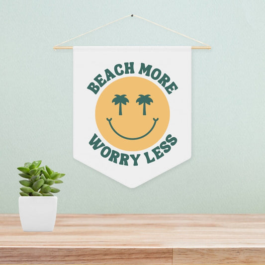 Beach More Smiley Face Pennant Wall Hanging - Beach Wall Decor - Happy Face Decor - Beach Canvas Wall Hanging - Beach Smiley Art