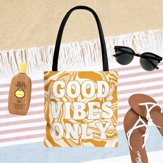 Gold Good Vibes Only Beach Bag - Marble Print Bag - Beach Quote Tote - Graphic Beach Bag - Double Sided Beach Tote Bag