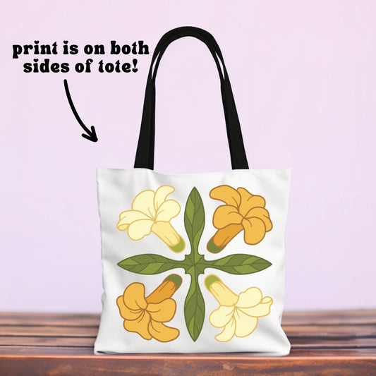 Yellow Hawaiian Flower Quilt Square Tote - Hawaiian Beach Bag - Summer Vacation Bag - Double Sided Beach Tote Bag