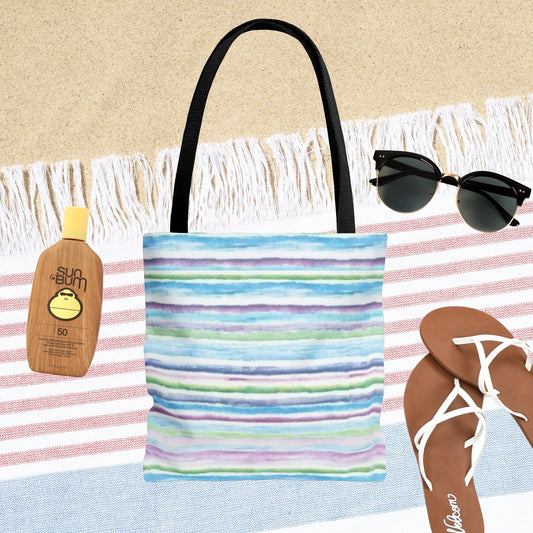 Blue Watercolor Stripes Beach Tote - Tropical Tote Bag - Ocean Bag - Beach Bag - Summer Aesthetic - Double Sided Beach Tote Bag