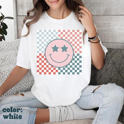 USA Smiley Checkered Shirt - Red White Blue Shirt - Retro Smiley Face Shirt - USA Shirt - Patriotic Tee - Comfort Colors Women's Unisex Tee