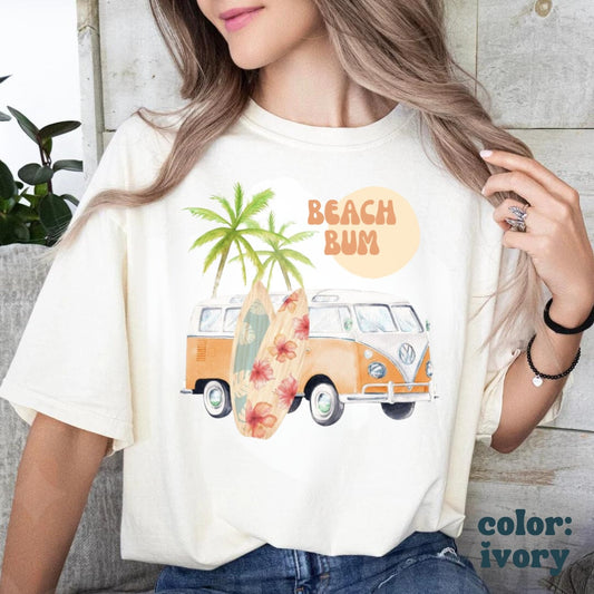 Beach Bum Surfer Van Tee - Retro Beach Vibes Tee Shirt - Women’s Beach Aesthetic Oversized Shirt - Comfort Colors Oversized Beach Tee