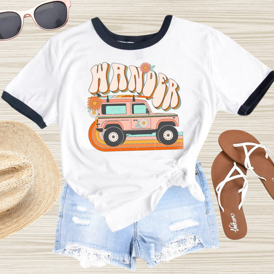 Wander Retro Beach Tee - Jeep Tshirt - Wanderlust - Truck Lover Shirt - Vintage Jeep Tee - Offroad - Black Ringer Tee Women's Unisex Tee