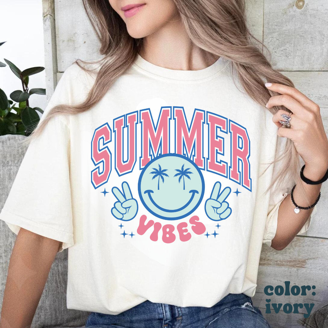 Summer Vibes Smiley Beach Tee - Summer Beach Vibes Shirt - Happy Face Beach Tee - Trendy Smiley Tee - Comfort Colors Women's Unisex Tee