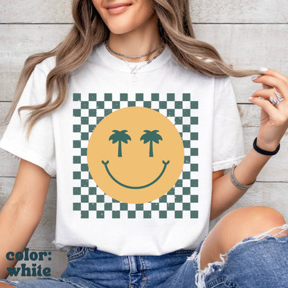 Checkered Smiley Tee - Palm Tree Smiley - Happy Face Oversized Tee - Happy Shirt - Summer Vacation Beach - Comfort Colors Women's Unisex Tee