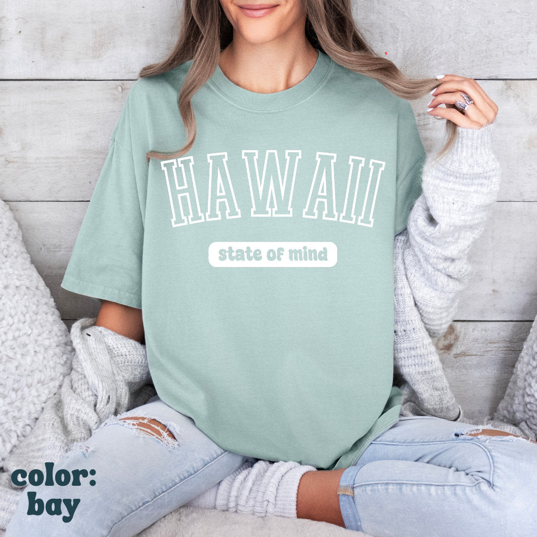 Hawaii State of Mind Beach Tee - Hawaii Shirt - Trendy Summer Shirt - Beach Shirt - Hawaiian Varsity T-Shirt - Comfort Colors Oversized Tee