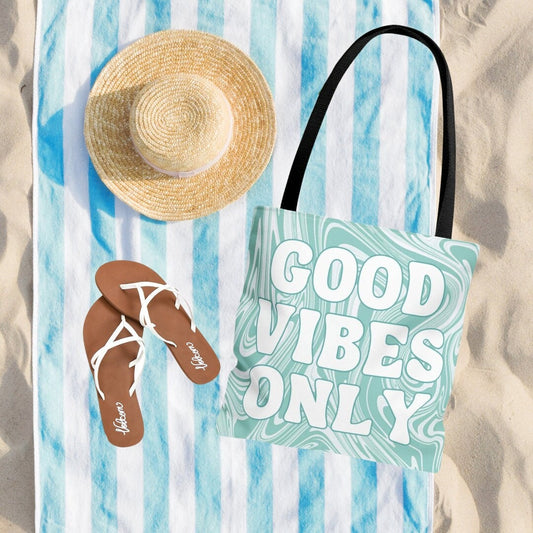 Green Good Vibes Only Beach Bag - Marble Print Bag - Beach Quote Tote - Graphic Beach Bag - Double Sided Beach Tote Bag