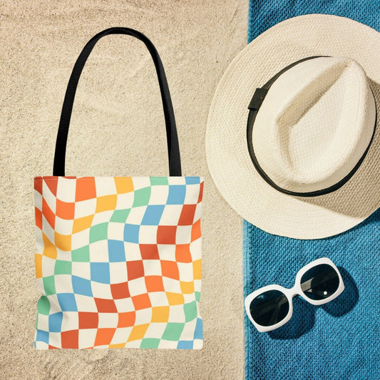 Colorful Retro Checkered Tote Bag - Double Sided Beach Tote Bag