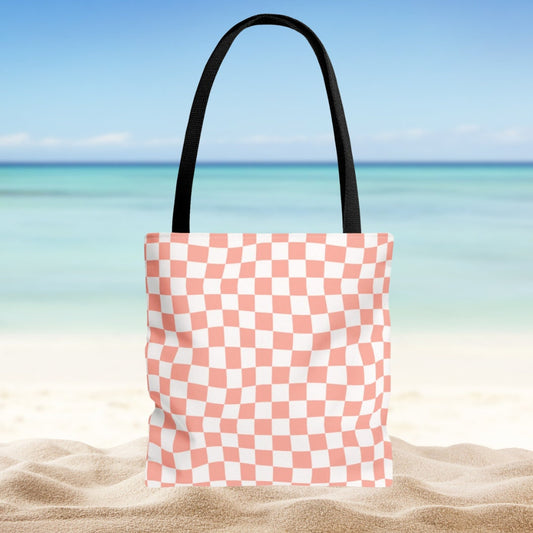 Pink Beach Checkered Tote Bag - Nautical Tote - Beach Vacation Bag - Ocean Aesthetic - Wavey Checkered - Double Sided Beach Tote Bag