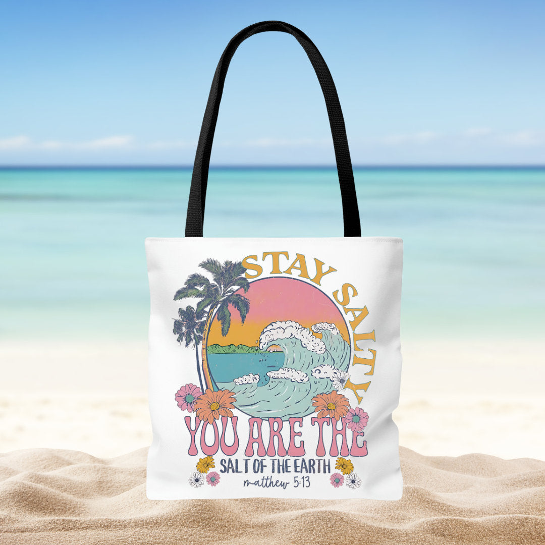 Stay Salty Bible Verse Tote - Christian Tote Bag - Beach Bag - Salt of the Earth - Faith Based - Christian Double Sided Beach Tote Bag