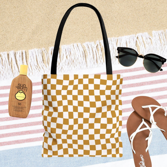 Mustard Checkered Tote Bag - Retro Tote - Beach Vacation Bag - Ocean Aesthetic - Wavy Checkered - Double Sided Beach Tote Bag
