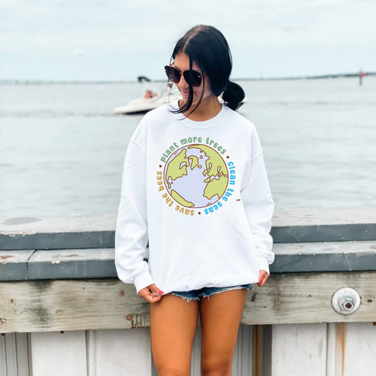 Earth Day Sweatshirt - Save the Bees - Plant More Trees - Clean the Seas - Environmental Clothing Save The Planet Gildan Crewneck Sweatshirt