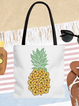 Floral Pineapple Tote - Pineapple Beach Bag - Tropical Summer Tote - Hawaiian Print Bag - Double Sided Beach Tote Bag